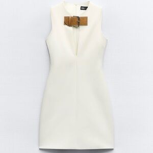 Zara White Dress with Brown Belt Accent